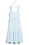 Madewell Cicely Patchwork Tiered Midi Dress In Blue/ White