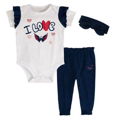 Outerstuff Babies' Infant Girls White And Navy Washington Capitals I Love Hockey Bodysuit Pants And Headband Set In White,navy