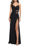 La Femme Lace-up Side Slit Gown In Black