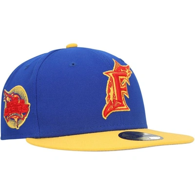 New Era Men's  Royal, Yellow Distressed Florida Marlins Cooperstown Collection Empire 59fifty Fitted In Royal,yellow
