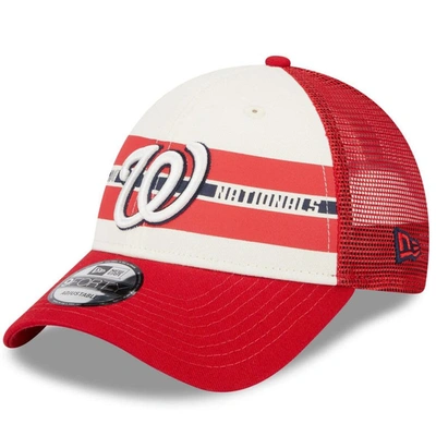 New Era Men's  White, Red Washington Nationals Team Stripe Trucker 9forty Snapback Hat In White,red