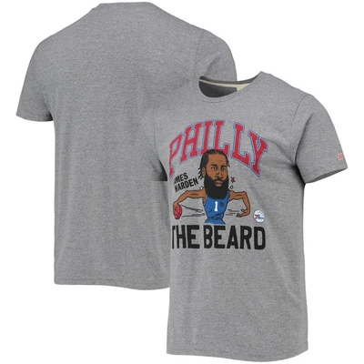 Homage James Harden Heathered Grey Philadelphia 76ers Caricature Tri-blend T-shirt In Heather Grey