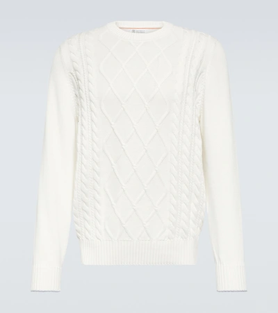 Brunello Cucinelli Cable-knit Cotton Sweater In Panama+light Grey