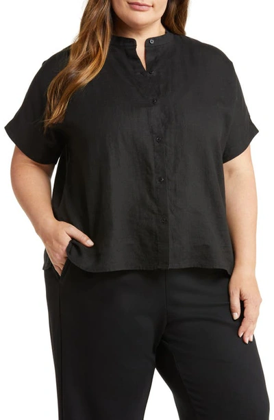 Eileen Fisher Band Collar Linen Button-up Shirt In Black