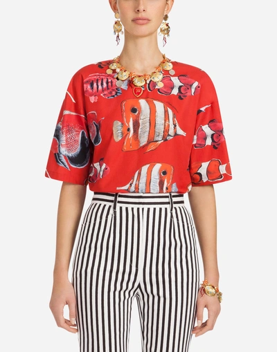 Dolce & Gabbana Printed Cotton Top In Red