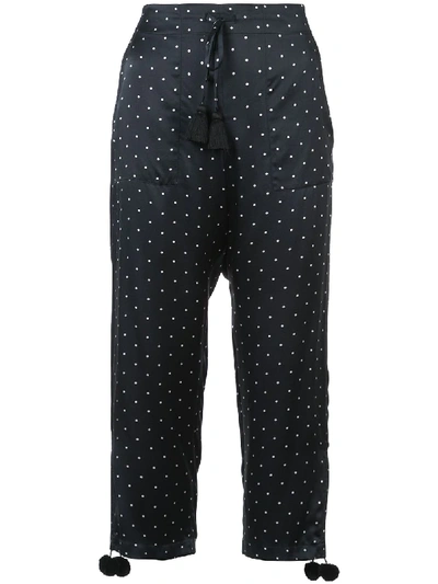 Figue Fiore Dot-print Pull-on Pajama Silk Satin Ankle Pants W/ Pompom In Navy