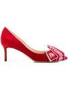 Jimmy Choo Tegan 60 Red Suede Pointy Toe Pumps With Rosewater Logo Tape Bow Detailing In Red/rosewater