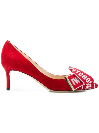 Jimmy Choo Tegan 60 Red Suede Pointy Toe Pumps With Rosewater Logo Tape Bow Detailing In Red/rosewater