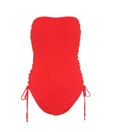 Zimmermann Castile Bandeau Lace-up One-piece Swimsuit In Red