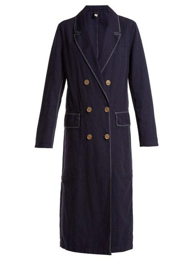 Burberry Topstitched Cotton Linen Double-breasted Coat In Deep Indigo