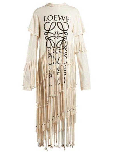 Loewe Fringed Printed Cotton And Silk-blend Jersey Dress In Beige