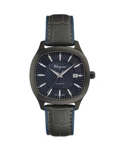 Ferragamo Men's Automatic Octagonal Leather Watch, Blue/gunmetal In Grey