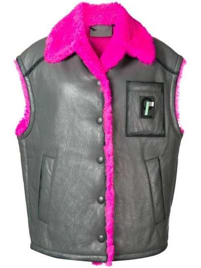 Prada Sleeveless Leather And Shearling Jacket In Grey