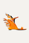Prada 110 Neon Patent-leather Wedge Sandals In Orange