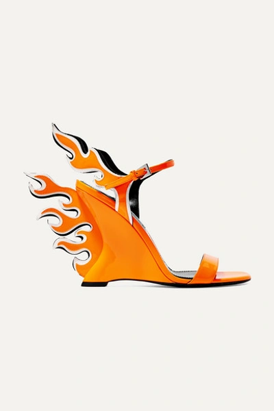 Prada 110 Neon Patent-leather Wedge Sandals In Orange
