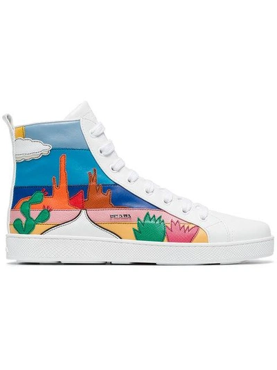 Prada White Cactus Applique Leather High Top Sneakers In Multicolour