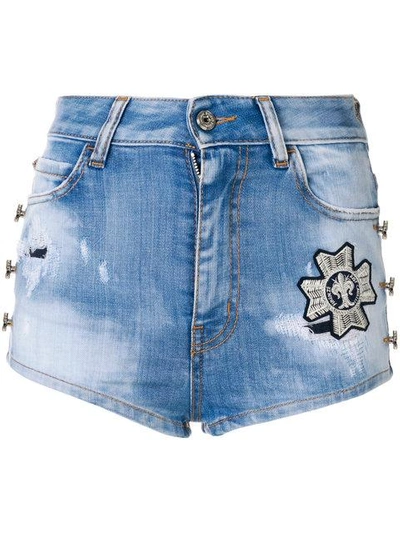 Just Cavalli Embroidered Patch Distressed Denim Shorts
