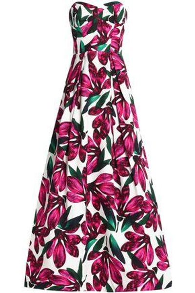 Milly Woman Ava Strapless Floral-print Cotton-blend Faille Gown Fuchsia