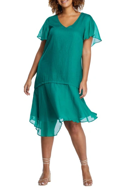 Estelle Shadow Linen Blend Midi Dress In Teal Green