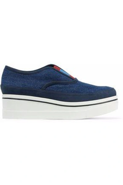 Stella Mccartney Faux Suede-trimmed Denim Slip-on Platform Sneakers In Blue