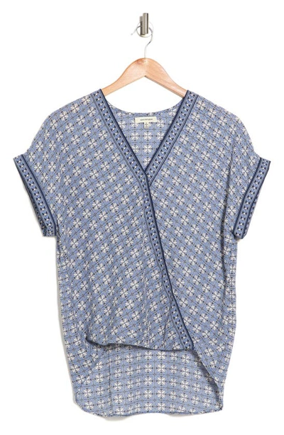 Max Studio Patterned Surplice Crepe Blouse In Nvy/ Bl Lrg Nvu Flge Clover