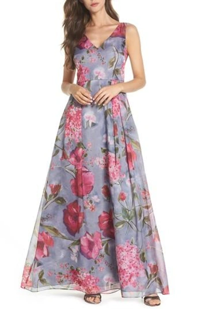 Adrianna Papell Flower Print Organza Gown In Dove Grey Multi