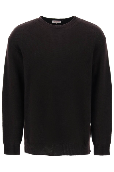 Valentino Cashmere Crewneck Jumper With Stud In Brown