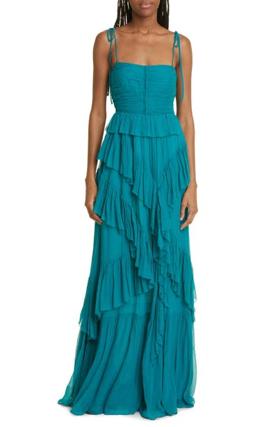 Ulla Johnson Aveline Silk Tie-shoulder Tiered Ruffle Gown In Green