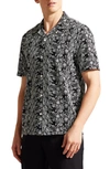 Ted Baker Mulben Embroidered Short Sleeve Button Front Camp Shirt In Black