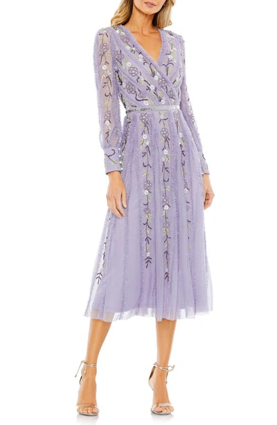 Mac Duggal Beaded Floral Long Sleeve Cocktail Dress In Lilac