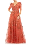 Mac Duggal Sequin Puff Sleeve Tulle A-line Gown In Cinnamon