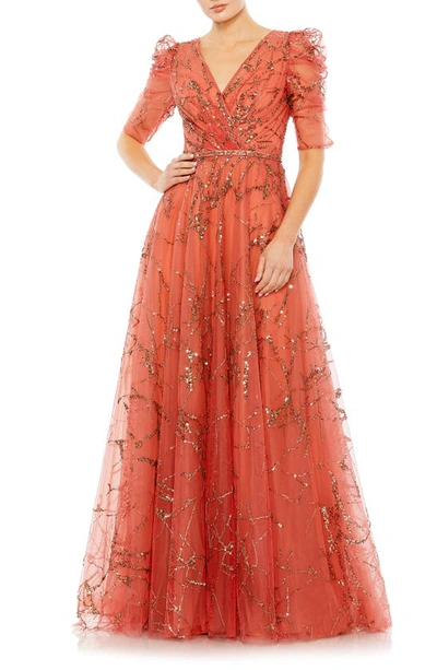 Mac Duggal Sequin Puff Sleeve Tulle A-line Gown In Cinnamon