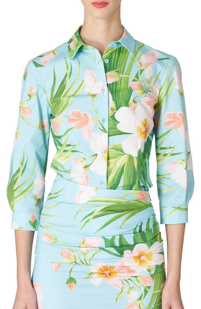 Carolina Herrera Floral Stretch Cotton Button-up Shirt In Aquamarine Multi