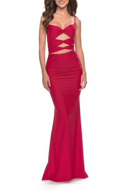 La Femme Cutout Jersey Gown In Red