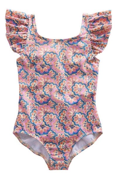Mini Boden Kids' Flutter Sleeve Swimsuit Lupin Peach Sorbet Paisley Girls Boden