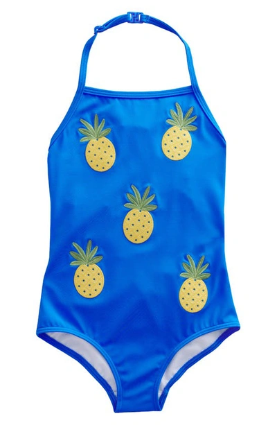 Mini Boden Kids' Pineapple Appliqué One-piece Swimsuit In Cabana Blue
