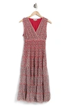 Max Studio V-neck Sleeveless Mesh Midi Dress In Ivory/ Berry Iris Curl