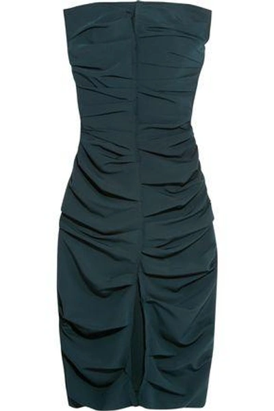 Carmen March Woman Strapless Ruched Crepe Midi Dress Navy