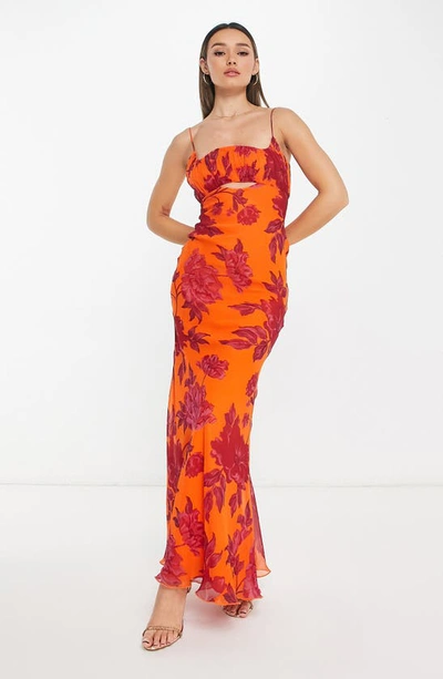 Asos Design Ruched Bust Cut-out Bias Maxi Dress In Orange Floral Print-multi In Orange Multi