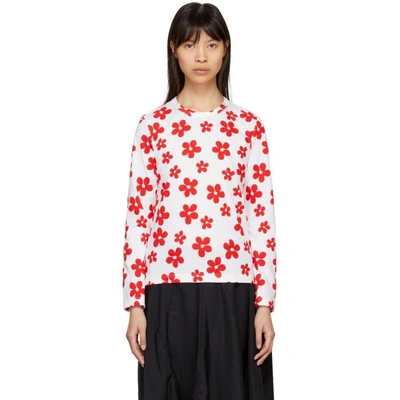 Comme Des Garcons Girl White And Red Long Sleeve Flower Print T-shirt In 2 Wht/red