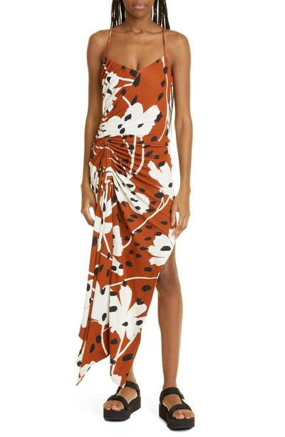 Monse Asymmetric Ruched Midi Dress In Brown Multi