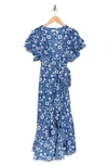 Max Studio Ruffle Crepe High/low Wrap Midi Dress In Blue Slavic Floral And Hearts