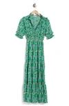 Max Studio Ruffle Collar Print Tiered Maxi Dress In Green Large Feather Frond