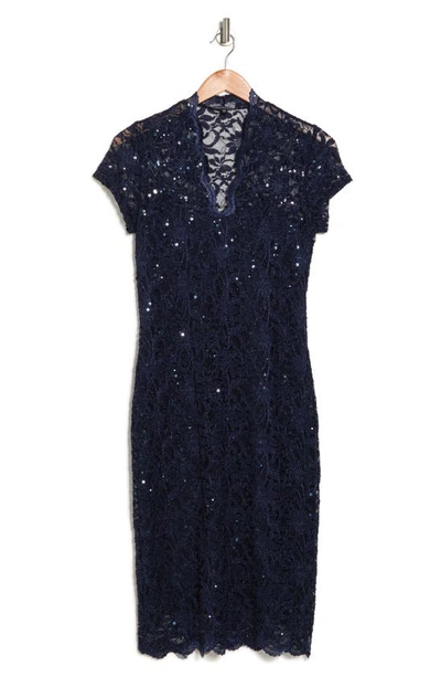 Marina Sequin Lace Cap Sleeve Sheath Dress In Navy