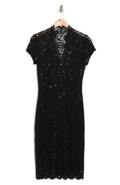 Marina Sequin Lace Cap Sleeve Sheath Dress In Black