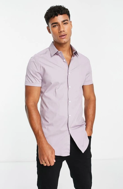 Asos Design Skinny Smart Short Sleeve Button-up Shirt In Lilac