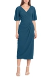 Maggy London Flutter Sleeve Faux Wrap Midi Dress In Deep Lagoon