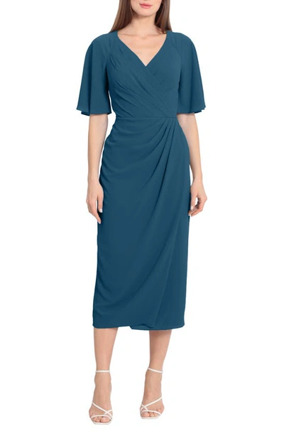 Maggy London Flutter Sleeve Faux Wrap Midi Dress In Deep Lagoon