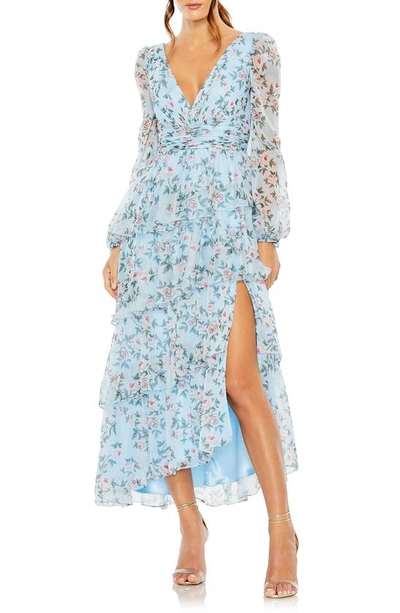 Mac Duggal Floral Long Sleeve Tiered Gown In Aqua Multi