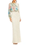 Mac Duggal Embellished Sequin Long Sleeve Blouson Gown In Beige Multi